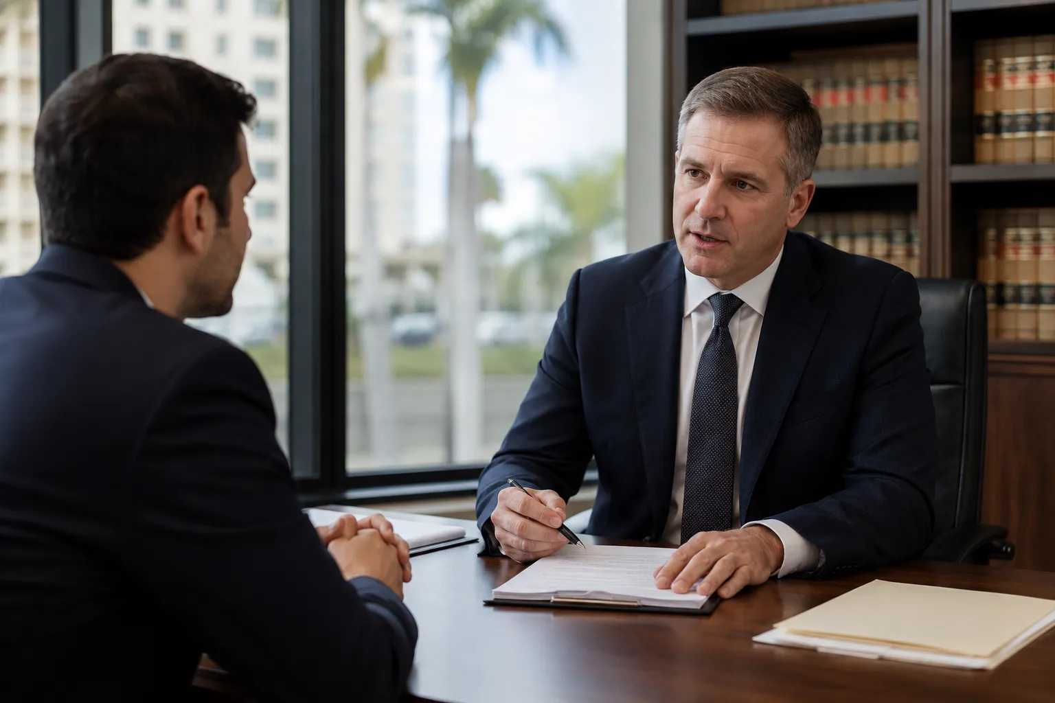 Business owner reviewing franchise documents and trademark protection strategies in a professional office setting