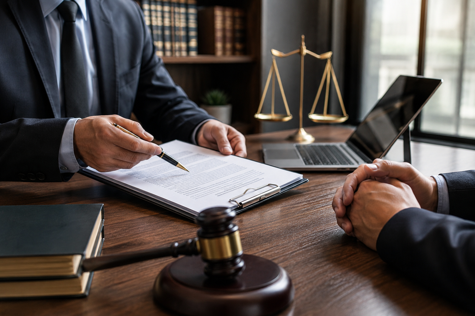 Business professionals reviewing trademark licensing and franchise expansion agreements in a modern office