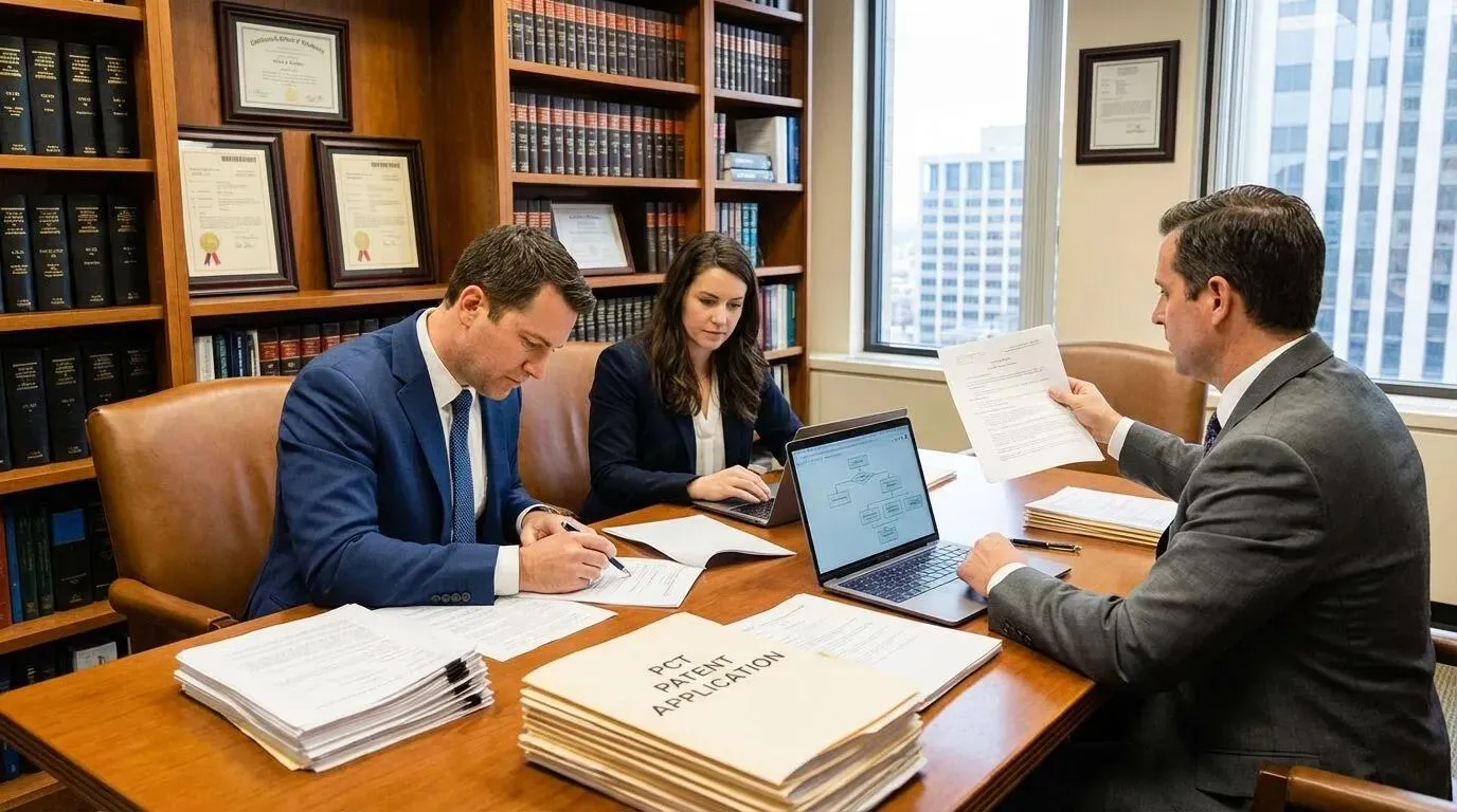 Inventor y abogado de patentes revisando estrategia internacional de patentes y cronograma global de depósitos